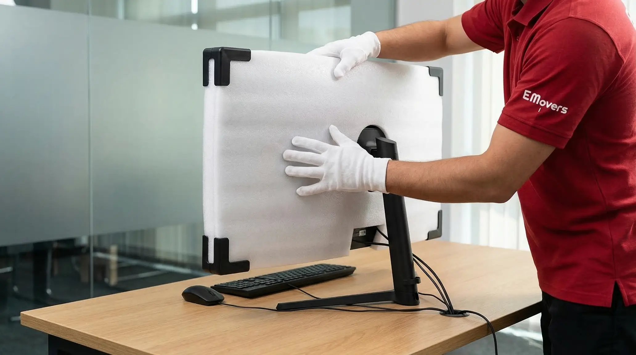 Office furniture and equipment being packed