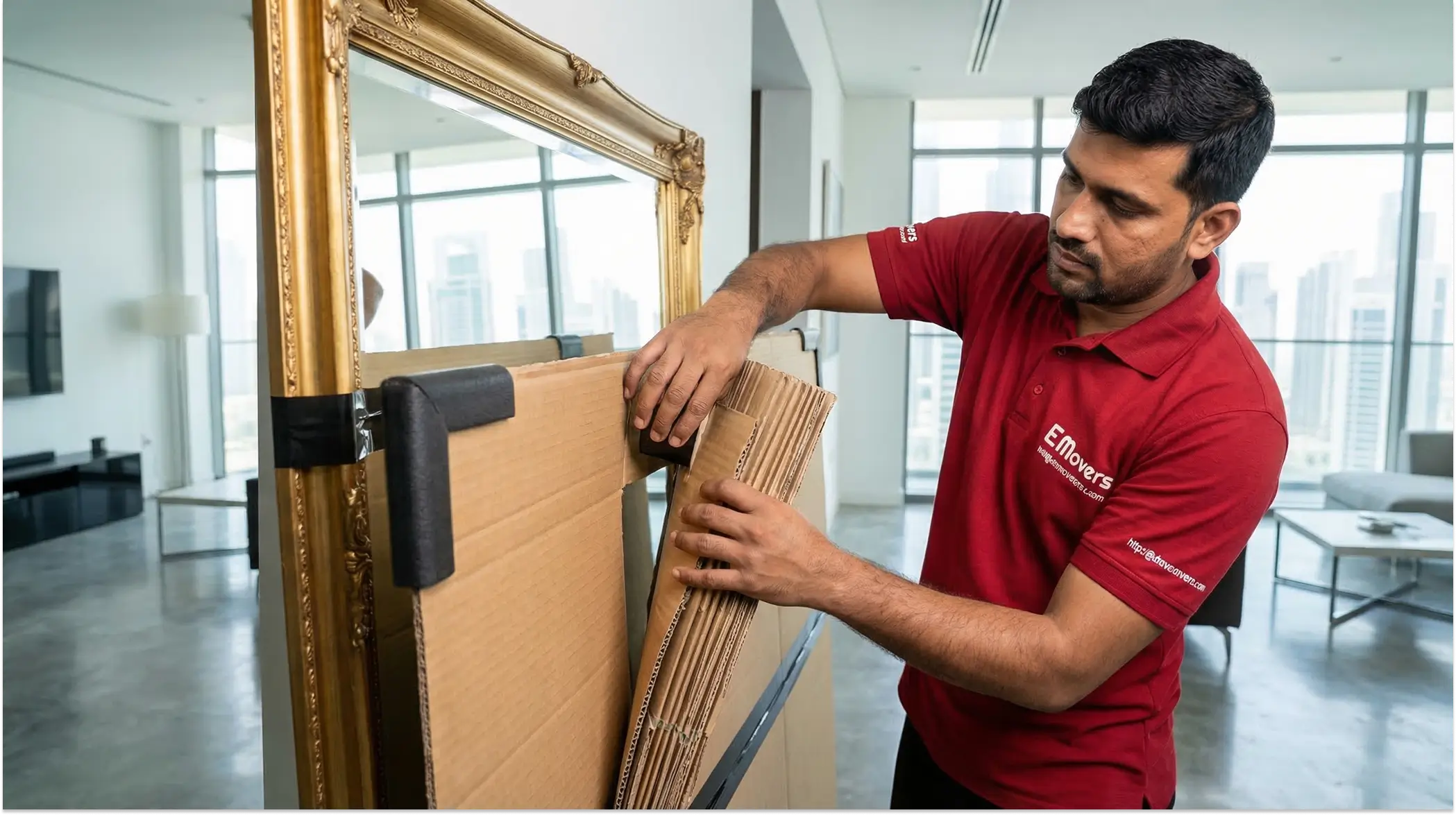 Movers carrying wrapped furniture