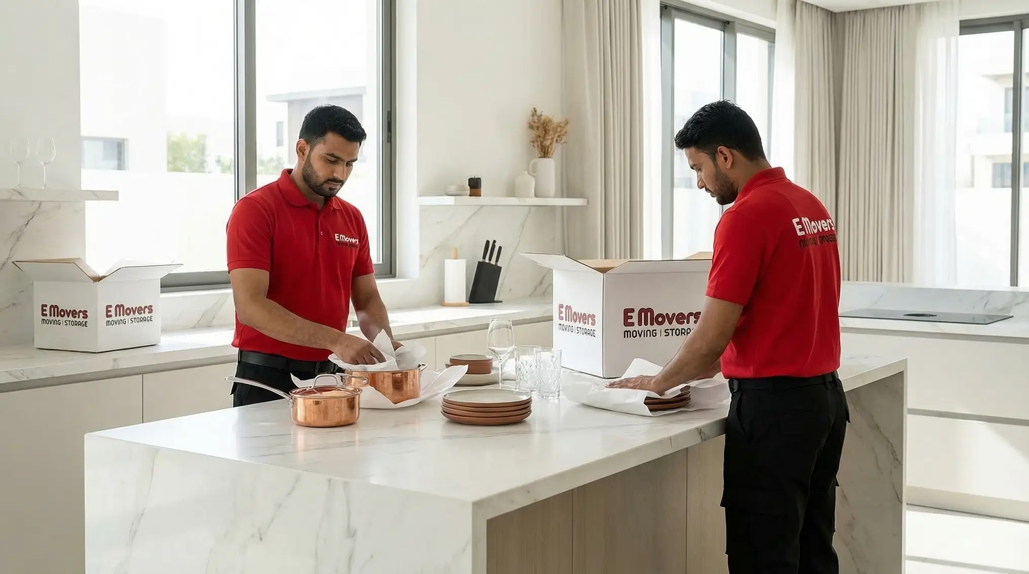 Villa furniture being carefully wrapped and packed